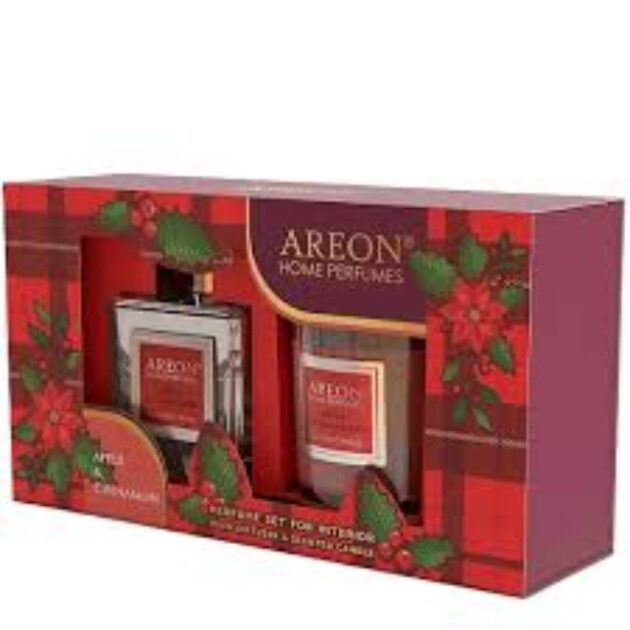 مجموعة معطرات منزلية من أريون، تتضمن معطر جو مركزي 150 مل وشمعة 120 غرام برائحة التفاح والقرفة | Areon