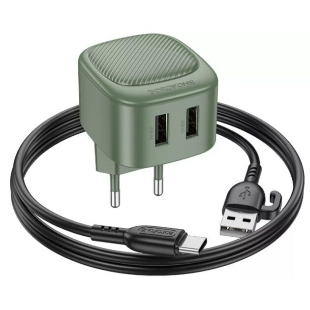 شاحن Borofone BAS21A Special 2a بمنفذي USB-A + كابل USB Type-C أسود | Borofone