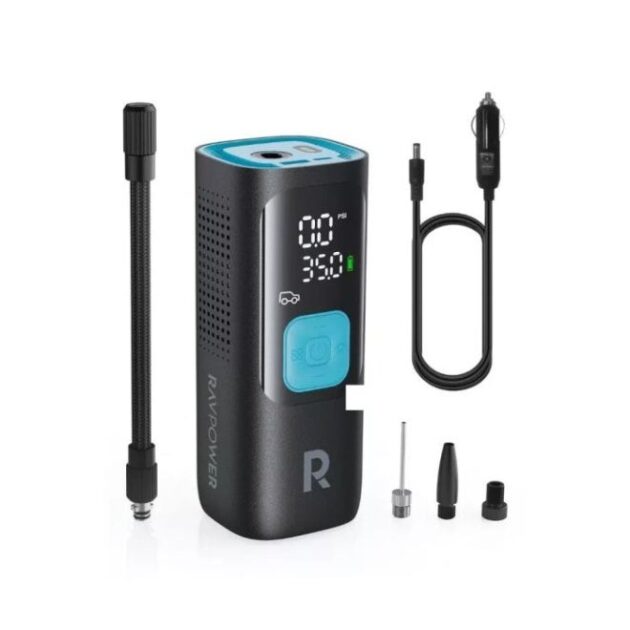 RAVPower | RP-PB1233 | ضاغط هواء ذكي محمول | منفاخ إطارات رقمي مع إيقاف تشغيل تلقائي | مضخة هواء لاسلكية قابلة لإعادة الشحن للسيارات والدراجات والكرات | أسود | Ravpower