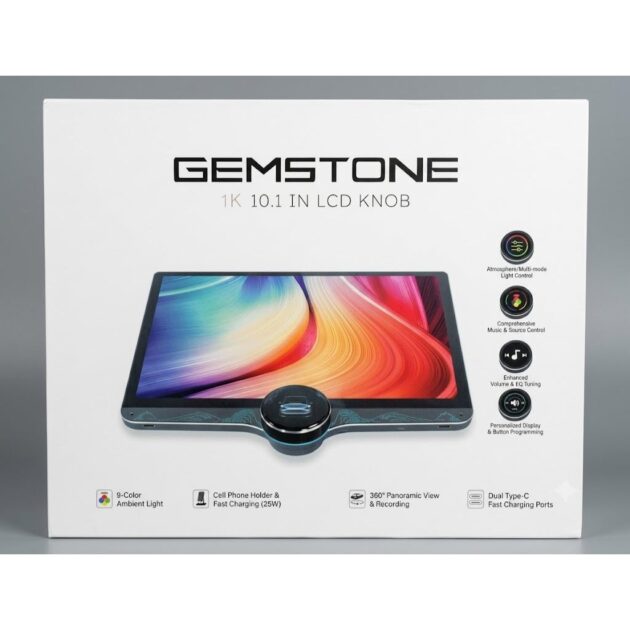 شاشة سيارة GEMSTONE LCD مقاس 10.1 بوصة، بدقة 1280×720، وذاكرة وصول عشوائي 2 جيجابايت + سعة تخزين 32 جيجابايت، وتحكم بمقبض دوار، وإضاءة محيطية بتسعة ألوان | Gemstone Organic