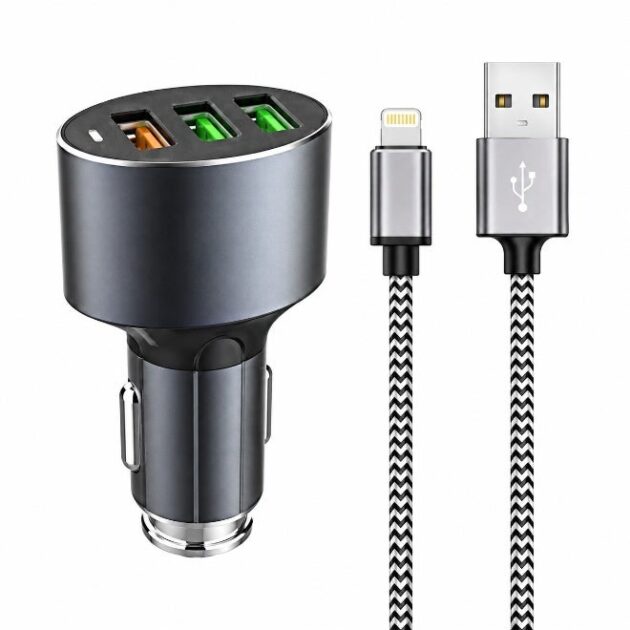 شاحن سيارة سريع بقدرة 36 ​​واط مع كابل Lightning - 3 منافذ USB - شحن سريع 3.0 - متوافق مع أجهزة iPhone | Ldnio